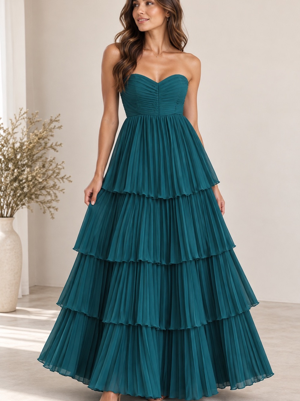 Strapless Teal Tiered Pleated Maxi Dress